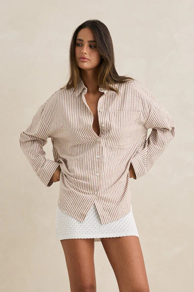 Tan|Valley Stripe Oversized Shirt 