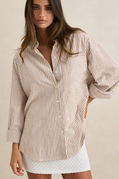Tan|Valley Stripe Oversized Shirt 