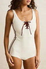 Rhythm Contrast Surf Short Lace Up One Piece - Cream