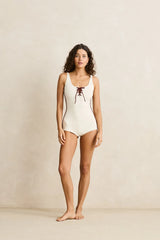 Rhythm Contrast Surf Short Lace Up One Piece - Cream