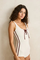 Rhythm Contrast Surf Short Lace Up One Piece - Cream