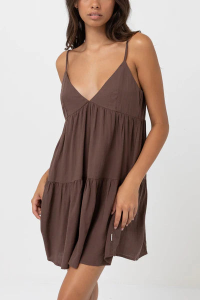 Rhythm Classic Tiered Mini Dress - Chocolate