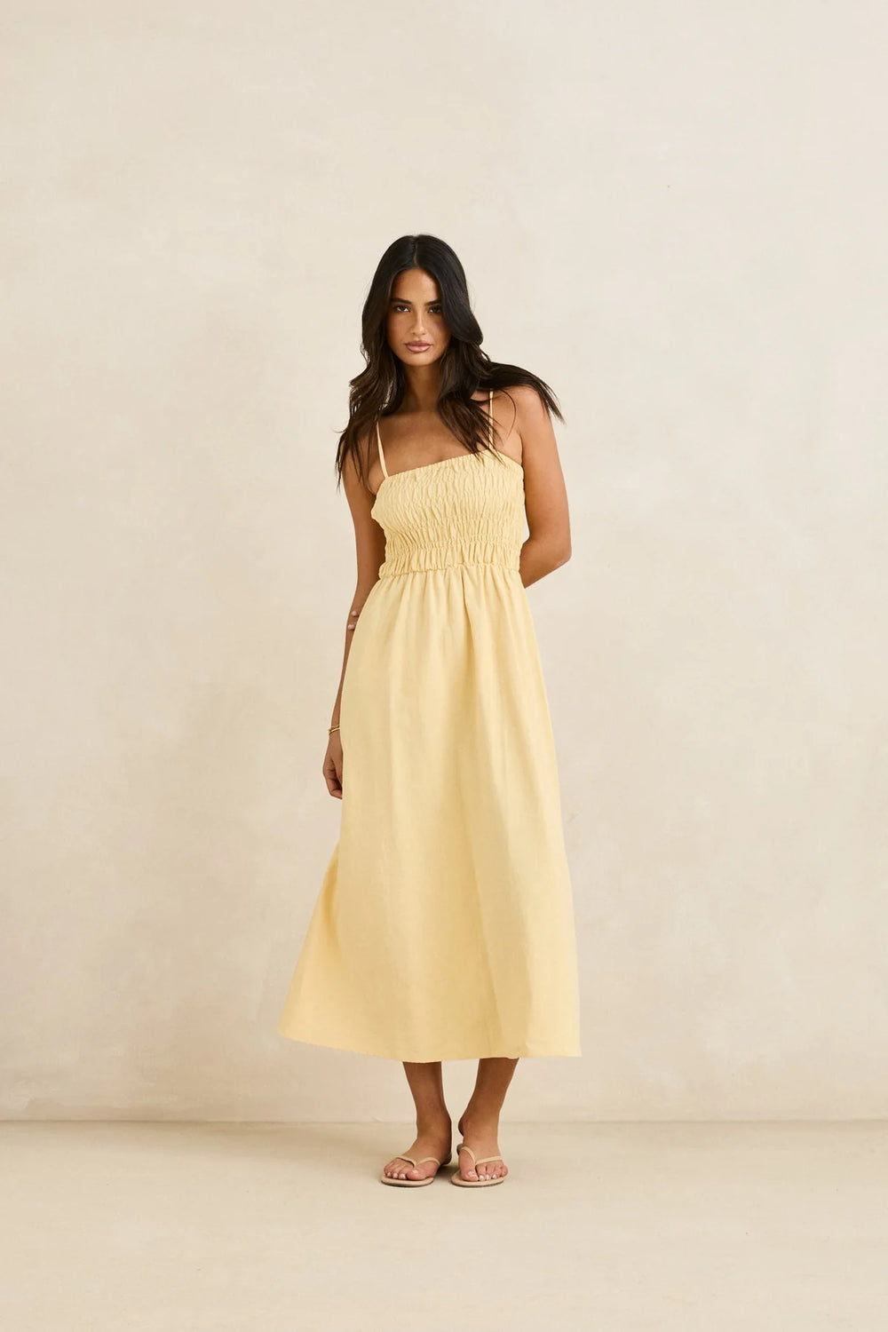 Rhythm Classic Shirred Midi Dress - Butter