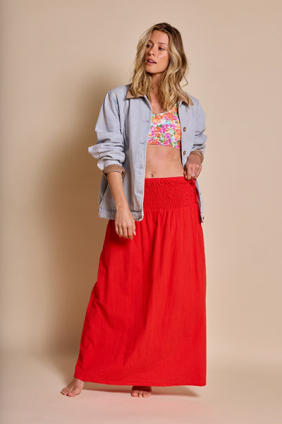 Red|Florence is 5'7 (32b) and wearing S - Rhythm Alana Tie Side Maxi Skirt|STL-1