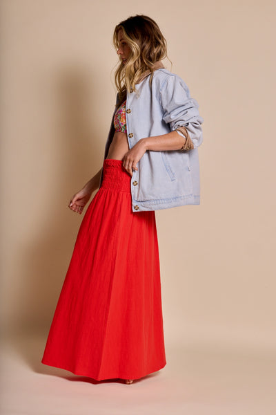 Red|Florence is 5'7 (32b) and wearing S - Rhythm Alana Tie Side Maxi Skirt|STL-1